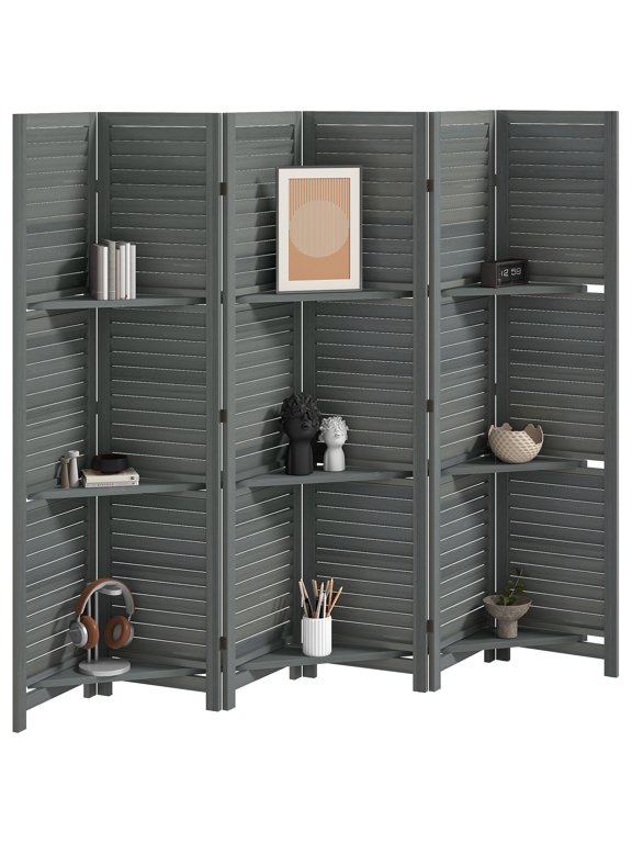 Room Divider Privacy Screen, 6-Panel Paulownia Wood Folding Partition with 3 Removable Display Shelves and Steel Hinges, 94.5" L x 67" H, Gray, for Living Room, Office or Bedroom