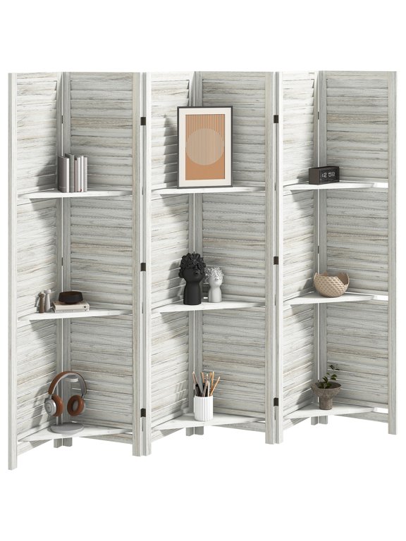 Room Divider 6-Panel Paulownia Wood Privacy Screen with 3 Removable Shelves and Louvered Slat Design, 67" Tall, White