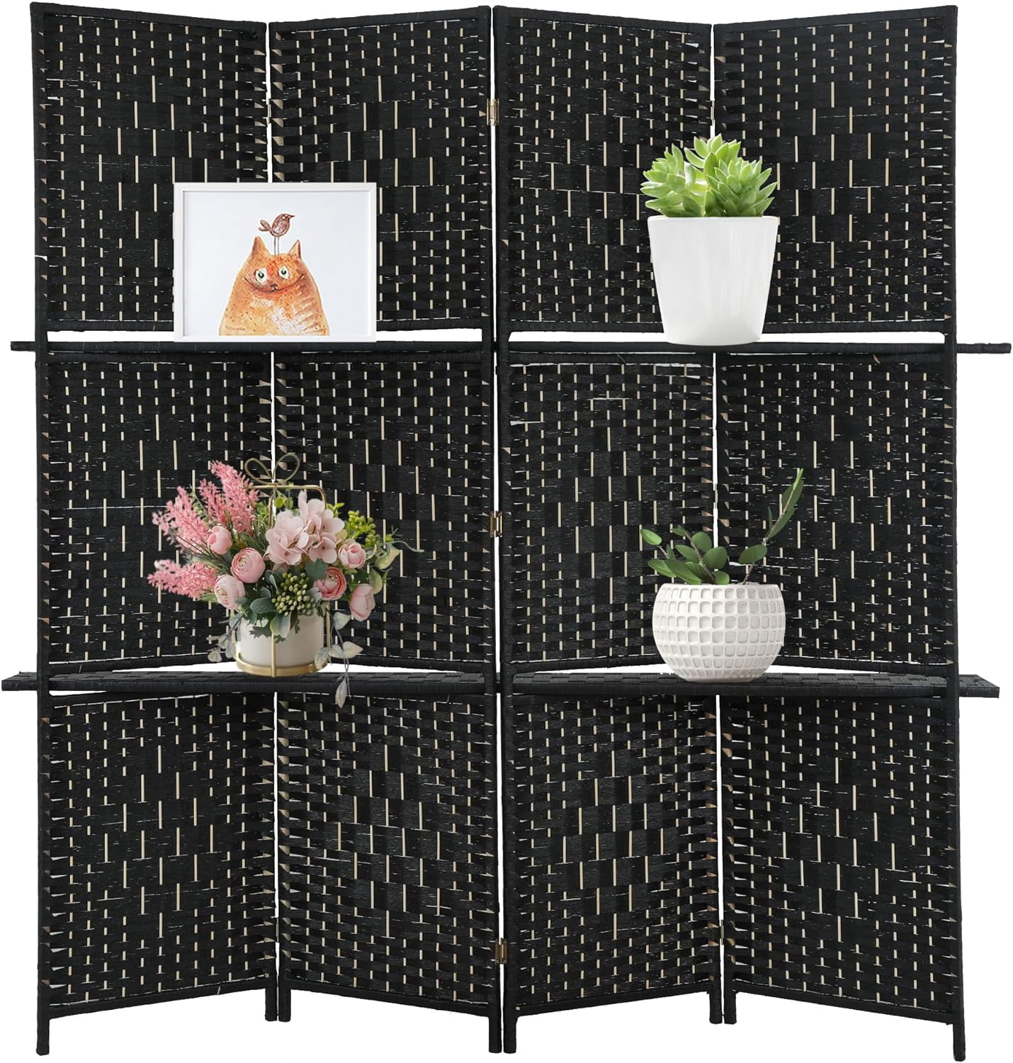 FDW Room Divider 4 Panel Room Screen Divider Wooden Screen Folding, Black