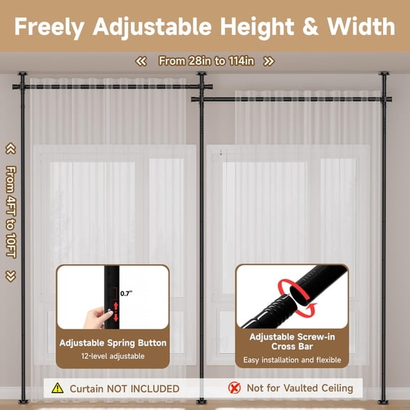 Room Divider for Room Separation (28-114in W), Curtain Rods No Drilling for Windows, Freestanding Room Divider Panel Tension Rod, Wall Divider Privacy Screen Partition for Space Separator, Drill Free