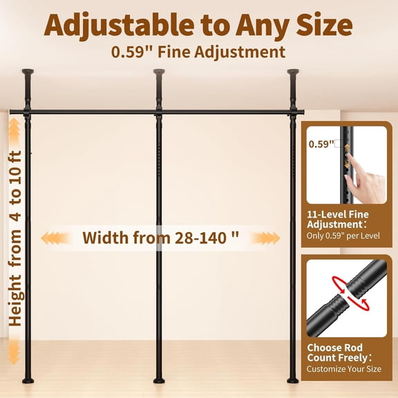 Room Divider for Room Separation,4-10ft(H) 28-140inch(W) Adjustable Temporary Privacy Wall Divider, Tension Curtain Rods No Drilling, Heavy Duty Partition Space Separator Freestanding,Black