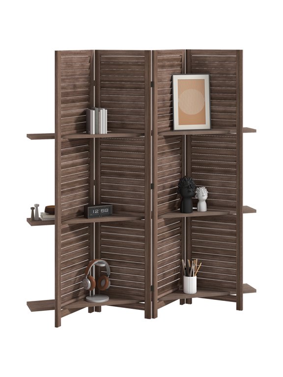 Room Divider Screen, 4-Panel Foldable Paulownia Wood Partition with 3 Integrated Storage Shelves, Shutter Design, Walnut Finish for Living Room and Bedroom, 63 x 67 Inches