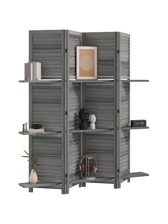 Room Divider Screen, 4-Panel Folding Paulownia Wood Privacy Partition with 3 Integrated Storage Shelves, Louver Doors, Gray Finish, 63 x 63 Inches for Living Room and Bedroom