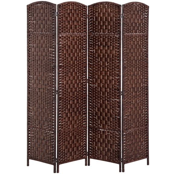 Room Divider Screen, 4-Panel Folding Privacy Partition Made of Poplar Wood and Woven Wicker Paper, 71 x 71 Inches, Brown, Natural Style Freestanding Folding Screen for Living Room and Office