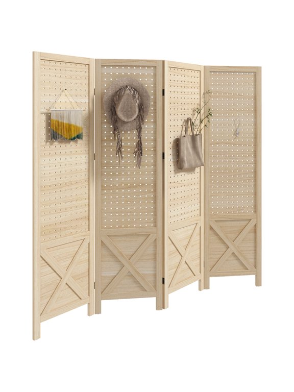 Room Divider Screen, 4-Panel Folding Privacy Partition in Natural Paulownia Wood with Hanging Holes for Accessories, 60 x 57 inches, for Bedroom, Living Room, and Home Office