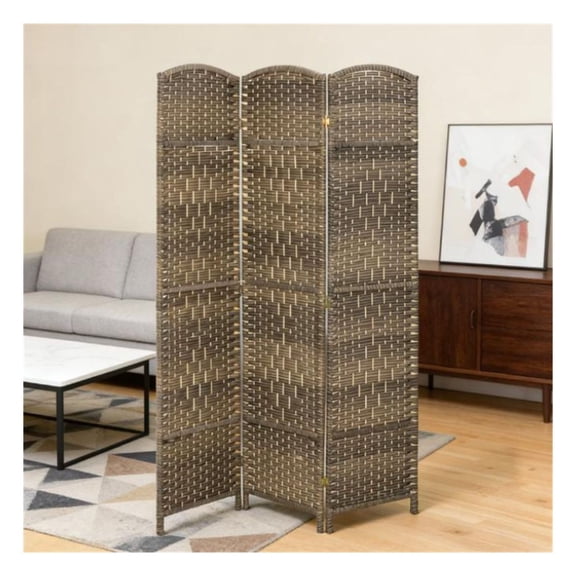 Room Divider Screen, 53" Foldable Privacy Partition - Dark Rustic Oak Wood Frame & Woven Polypropylene Panels, Portable 3-Panel Screen for Home & Office