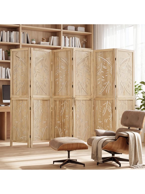Room Divider Screen~ 6-Panel Wooden Privacy Screen with Palm Leaf Design and Paulownia Frame
