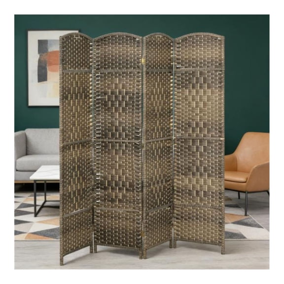 Room Divider Screen, 71" Foldable Privacy Partition - Dark Rustic Oak Wood Frame & Polypropylene Panels - Free Standing 4 Panel Screen for Home & Office