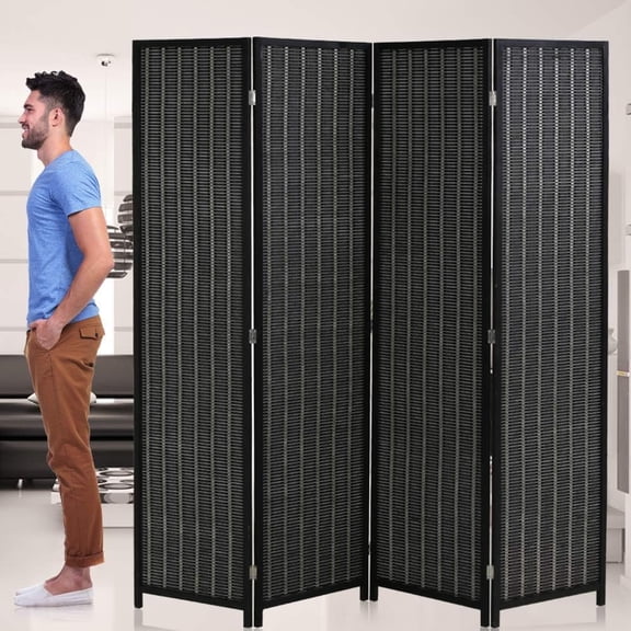 Room Divider  Screen Folding 4 Panel 72 Inches High Portable Room Seperating Divider, Handwork  Mesh Woven Design Wall, Room Partitions and Dividers Freestanding, Black