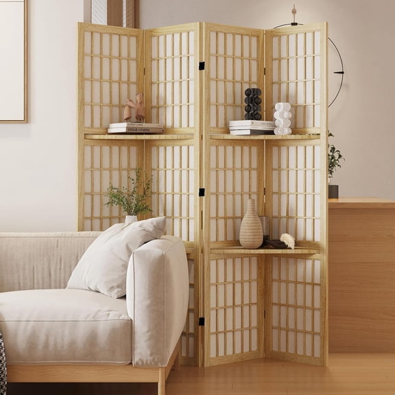 Room Divider with Shelves, 66.9-Inch Tall Japanese Shoji Style Wood Screen with Double Hinges for Home Office Bedroom Hotel Decoration (4 Panels, Natural)