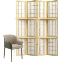 Room Divider with Shelves, 66.9-Inch Tall Japanese Shoji Style Wood Screen with Double Hinges for Home Office Bedroom Hotel Decoration (4 Panels, Natural)