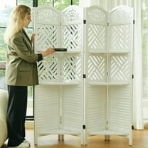Room Divider with Shelves, 68.9inch Wood Carved and Louvered Wall Divider Freestanding, 4 Panels Folding Partition Screen for Bedroom Home Office (White)