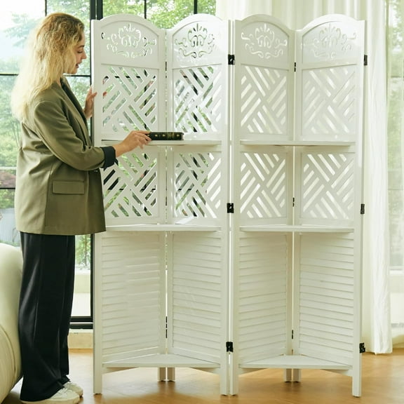 Room Divider with Shelves, 68.9inch Wood Carved and Louvered Wall Divider Freestanding, 4 Panels Folding Partition Screen for Bedroom Home Office (White)