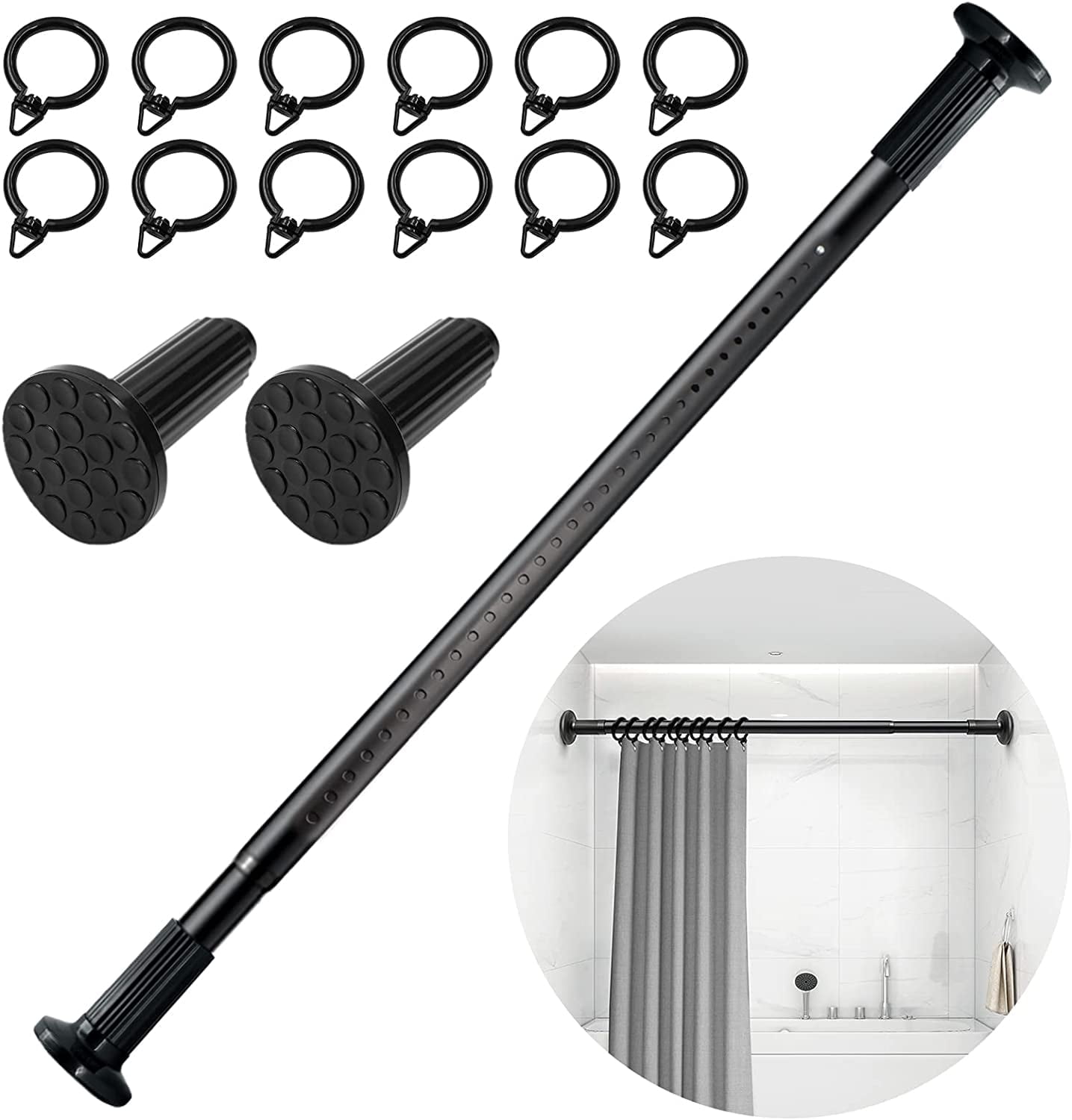 No Drill Tension Rod - Extra Long Room Divider 51-146inch, Adjustable Spring Shower Curtain Rod for Closet/Balcony, Non-slip Telescopic Pole (black)