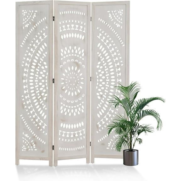 Room Divider Wood Carved Wall Divider Indoor Folding Bohemian Style Portable Partition Screen for Home Office Garden Terrace - 3 Panels (Antique, White-Washed)