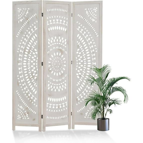 Room Divider Wood Carved Wall Divider Indoor Folding Bohemian Style Portable Partition Screen for Home Office Garden Terrace - 3 Panels (Antique, White-Washed)