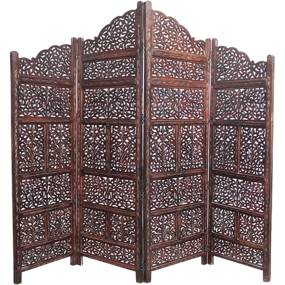 Room Divider Wood Screen - Mahanadi Antique Brown - 4 Panel Folding 72x80 - Wooden Hand Carved Screen Decorative Functional Versatile - Small Spaces Reversible Privacy Partition -