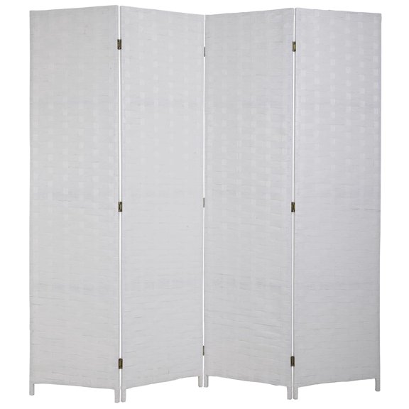 Room Divider Wood Screen Mesh Woven Design Room Divider 4 Panel 6 ft Folding Portable Partition Screen for Home Office(White)