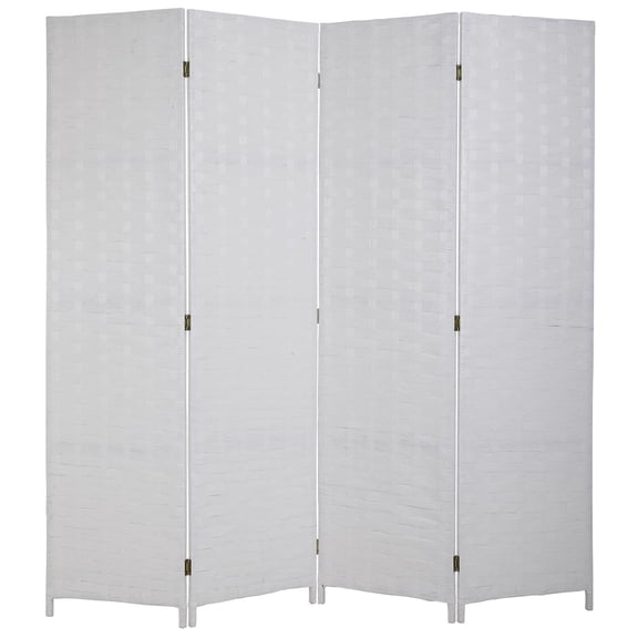 Room Divider Wood Screen Mesh Woven Design Room Divider 4 Panel 6 ft Folding Portable Partition Screen for Home Office(White)