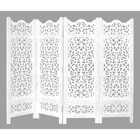 Room Divider Wood Screen Panel Antique White, 4-Panel Folding 64"x48", Hand-Carved, Reversible Privacy Partition, Decorative & Functional Portable Room Divider for Home or Office