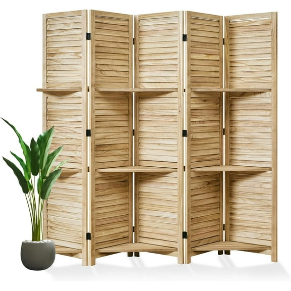 Room Divider with Shelves, 5.6 Ft Tall Folding Wood Screen with Double Hinges for Home Office Bedroom Hotel Decoration (5 Panels, Natural)