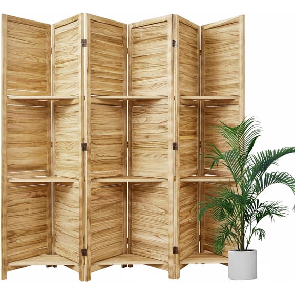 Room Divider with Shelves, 5.6 Ft Tall Folding Wood Screen with Double Hinges for Home Office Bedroom Hotel Decoration (6 Panels, Natural)