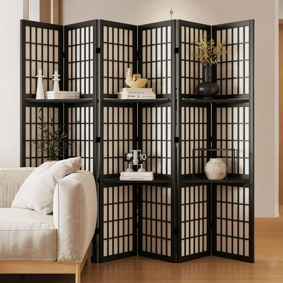 Room Divider with Shelves, 66.9-Inch Tall Japanese Shoji Style Wood Screen with Double Hinges for Home Office Decoration (6 Panels, Black)