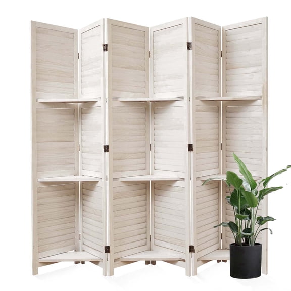 Room Divider with Shelves Folding Privacy Screen, Freestanding Wood Partition Wall for Home Office Bedroom No Assembly Required,White