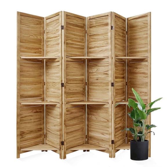 Room Divider with Shelves Folding Privacy Screen, Freestanding Wood Partition Wall for Home Office Bedroom No Assembly Required,Natural Wood