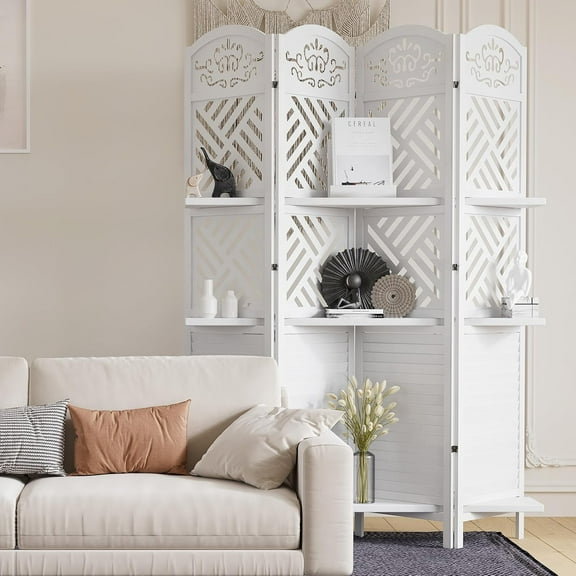 Room Divider with Shelves, 5.75ft Tall Folding Wood Carved Screen with Double Hinges for Home Office Bedroom Hotel Decoration (4 Panels, Pure White)