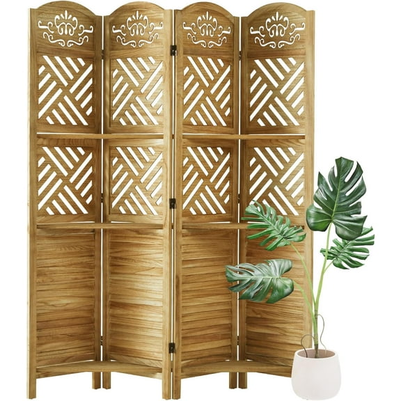 Room Divider with Shelves, Tall Folding Wood Carved Screen with Double Hinges for Home Office Bedroom Hotel Decoration