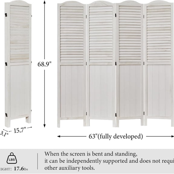 Room Dividers, 5.75Ft Individual Privacy Screens Foldable Wooden Louver & MDF Stable Wall Divider for Home Office Bedroom, 4 Panels (White-Washed)