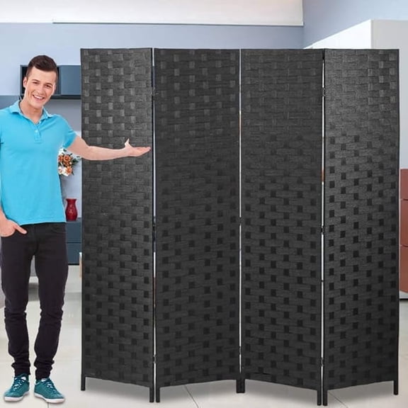 Room Dividers and Folding Privacy Screens 4 Panel 6 ft Foldable Portable Room Seperating Divider, Handwork Wood Mesh Woven Design Wall, Freestanding, Black
