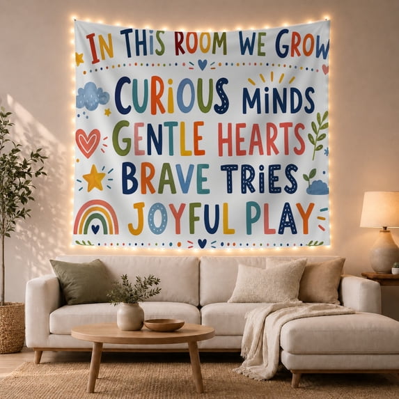 In This Room We Grow with Rainbow and Sprouts, Warm Illustration for Kids, Character Learning Decor, Birthday Gift, Tapestry Wall Hanging for Playroom and Bedroom