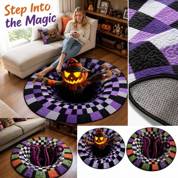Room Rug, Holiday Decor, Scarecrow Decor, Halloween Rug, 24 Inch Diameter 3D Illusion Jack O Lantern Round Floor Mat, Wear Resistant Non-Slip Washable Carpet for Halloween Living