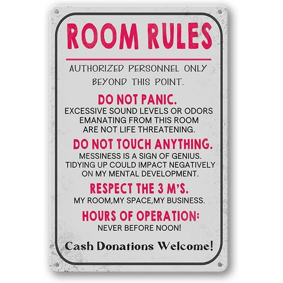 Room Rules Sign For Teen Girls Boy Bedroom/Gaming Room Door Decor Dorm Wall Accessories Cool Things, Funny Metal Tin Signs 12 X 8 In