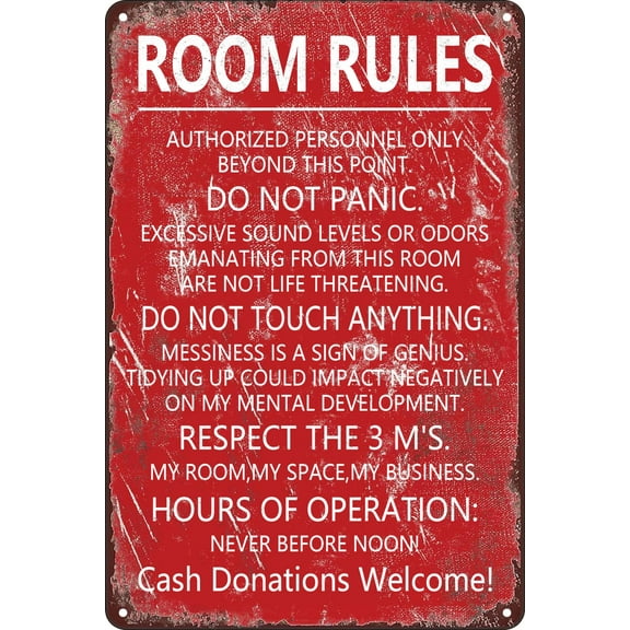Room Rules Sign For Teen Girls Boy Bedroom Gaming Room Door Decor Dorm Wall Accessories Cool Things, Funny Metal Tin Signs (Aluminum) Size: 12 x 16 inch