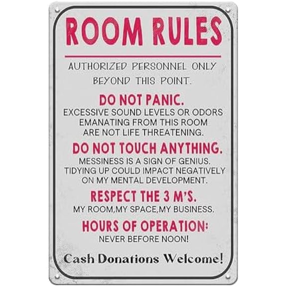 Room Rules Sign for Teen Girls - Funny Metal Tin Signs for Girls Boy Bedroom, Dorm, Gaming Room Door and Wall Decor Art Accessories, Cool Stuff Gift for Teen, 8 x 12 inch