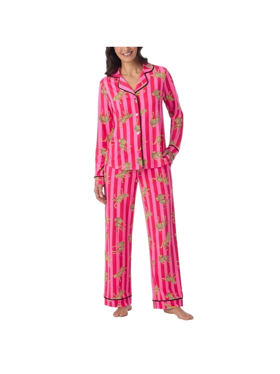 Women's 2-Piece Pajama Set - Long Sleeve Notch Collar Button Down Top and Lounge Pants (Medium, Pink)