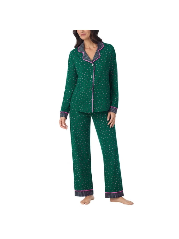 Women's 2-Piece Pajama Set - Long Sleeve Notch Collar Button Down Top and Lounge Pants (Small, Green)