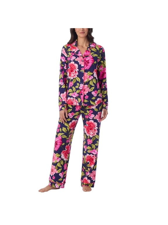 Women's 2-Piece Pajama Set - Long Sleeve Notch Collar Button Down Top and Lounge Pants (X-Small, Blue)