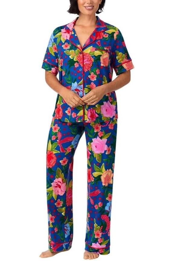 Womens Pajama Sets, Short Sleeve Soft Stretch Jersey Button-Down Top with Open Leg Pants, 2-Piece Lounge Sets for Women (BLUE/X-SMALL)