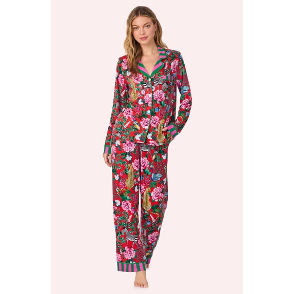 Room Service Womens Cozy Stretch Jersey Pajama Set - Long Sleeve Button Down Top & Long Pants