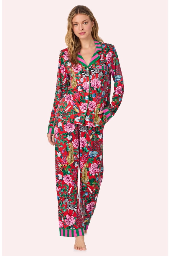 Womens Cozy Stretch Jersey Pajama Set - Long Sleeve Button Down Top & Long Pants