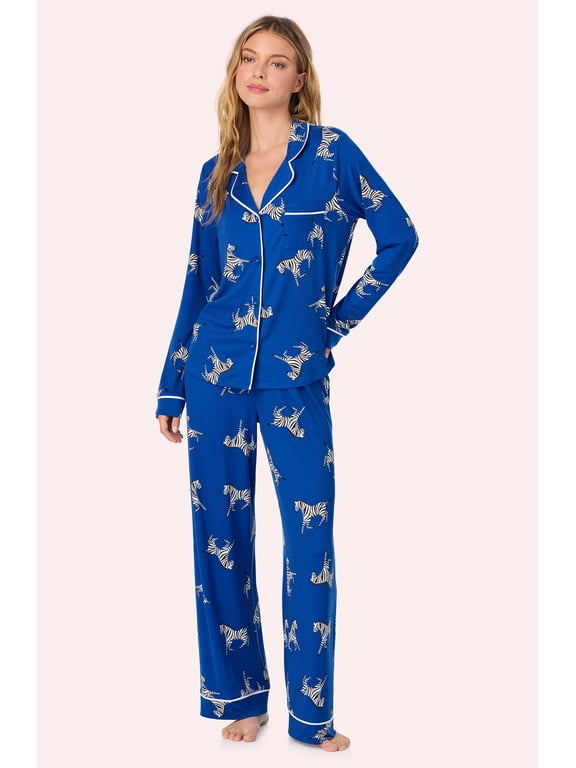 Womens Cozy Stretch Jersey Pajama Set - Long Sleeve Button Down Top & Long Pants