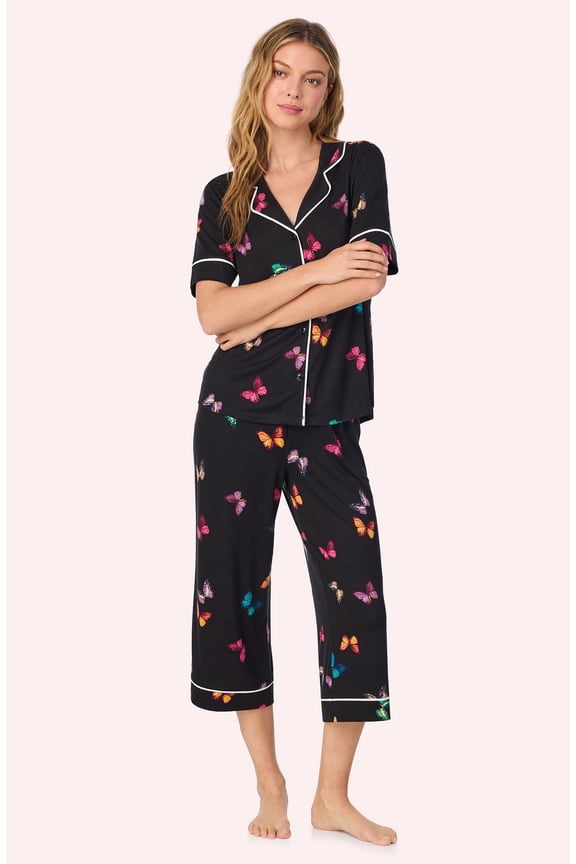 Womens Cozy Stretch Jersey Pajama Set - Short Sleeve Button Down Top & Cropped Pants
