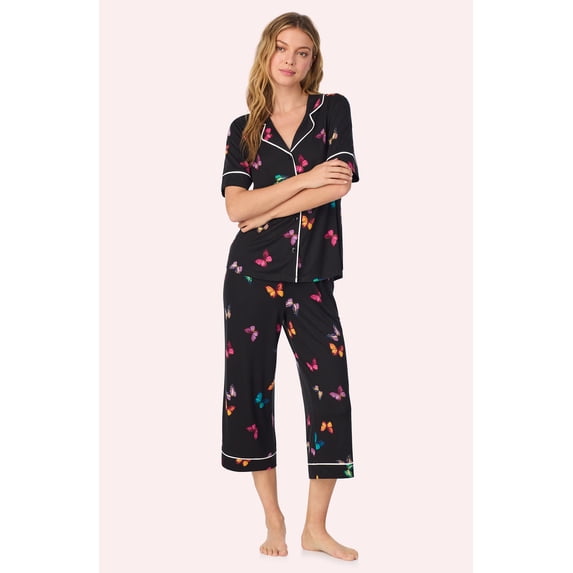 Room Service Womens Cozy Stretch Jersey Pajama Set - Short Sleeve Button Down Top & Cropped Pants