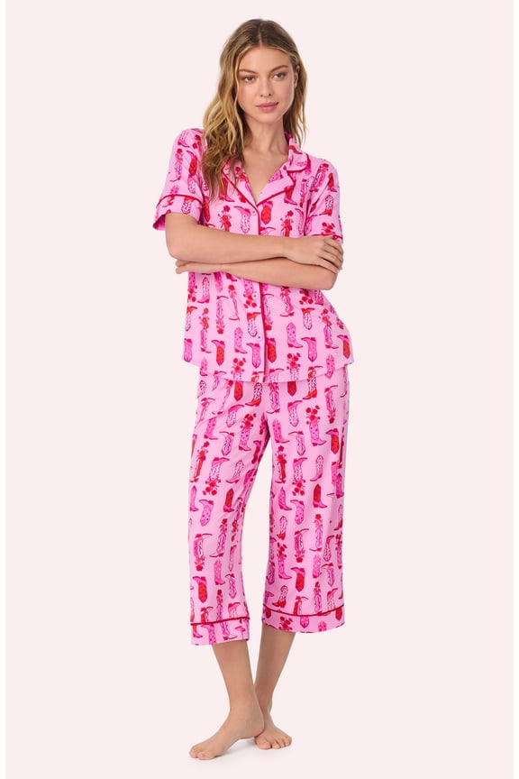 Womens Cozy Stretch Jersey Pajama Set - Short Sleeve Button Down Top & Cropped Pants