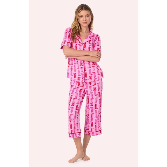 Room Service Womens Cozy Stretch Jersey Pajama Set - Short Sleeve Button Down Top & Cropped Pants