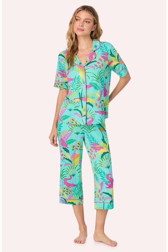 Womens Cozy Stretch Jersey Pajama Set - Short Sleeve Button Down Top & Cropped Pants